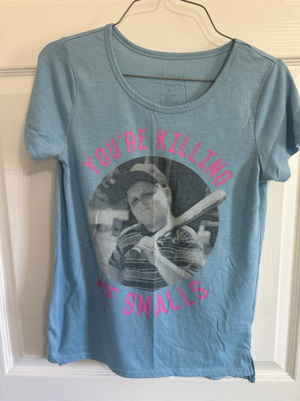 Light Blue Short-Sleeve Graphic Tee with Pink Text